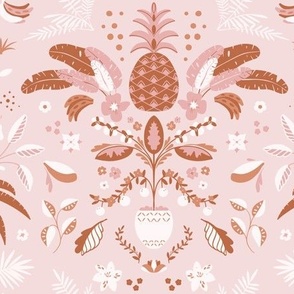 Tropical Palm Tree Pineapple Banana Folk art in pink, peach, tan, and warm neutrals
