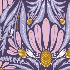 Maximalist Folk Art Coneflowers (Large Scale)—Lilac and Lavender Dark