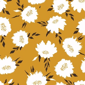 hand drawn white roses on bright mustard