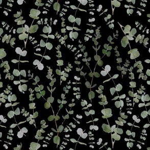 green eucalyptus on black / cottagecore / watercolor