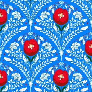 Poppy Folk Flowers Damask Peacock Wallpaper Fabric pattern