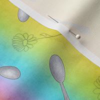 Spoons and Daisies on Rainbow Watercolor Smaller  Scale