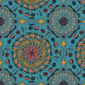 Maximalist Folk Art Floral Quilt LAGOON TEAL BLUE