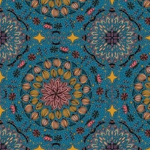 Maximalist Folk Art Floral Quilt PEACOCK TEAL BLUE