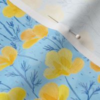 Watercolor Yellow Poppies (sky blue) // Ukrainian Maki// Українськи Маки