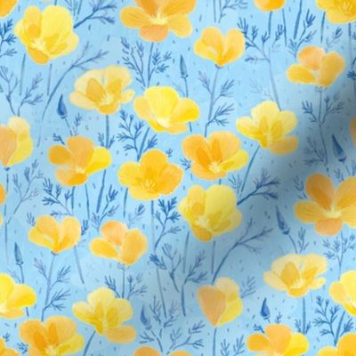 Watercolor Yellow Poppies (sky blue) // Ukrainian Maki// Українськи Маки