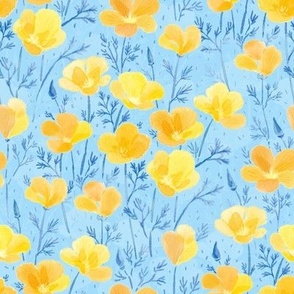 Watercolor Yellow Poppies (sky blue) // Ukrainian Maki// Українськи Маки