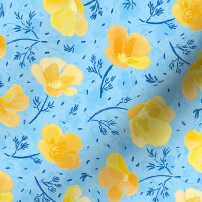 Watercolor Yellow Poppies toss (sky blue) // Ukrainian Maki// Українськи Маки