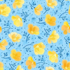 Watercolor Yellow Poppies toss (sky blue) // Ukrainian Maki// Українськи Маки