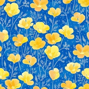 Watercolor Yellow Poppies (blue) // Ukrainian Maki// Українськи Маки