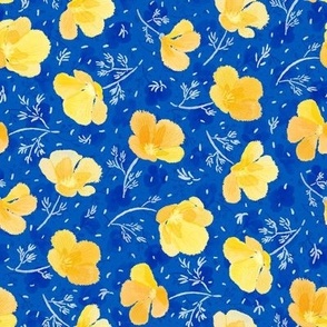 Watercolor Yellow Poppies toss (blue) // Ukrainian Maki// Українськи Маки