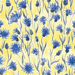 Watercolor Blue Cornflowers (yellow) // Ukrainian Voloshky// Українськи Волошки