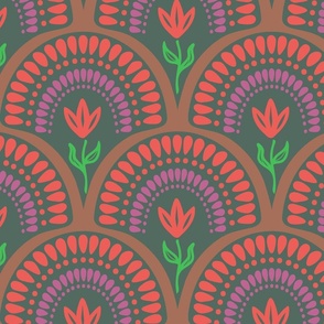 Bright floral scallop geometric art deco pattern in coral red, pink, and green