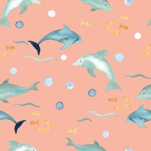 hand painted watercolor dolphins and fish on coral pink, perfect for kids swimwear and coastal homeware