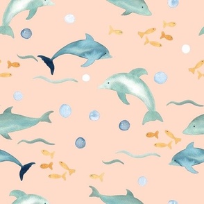 hand painted watercolor dolphins and fish on pale pink, perfect for kids swimwear and coastal homeware