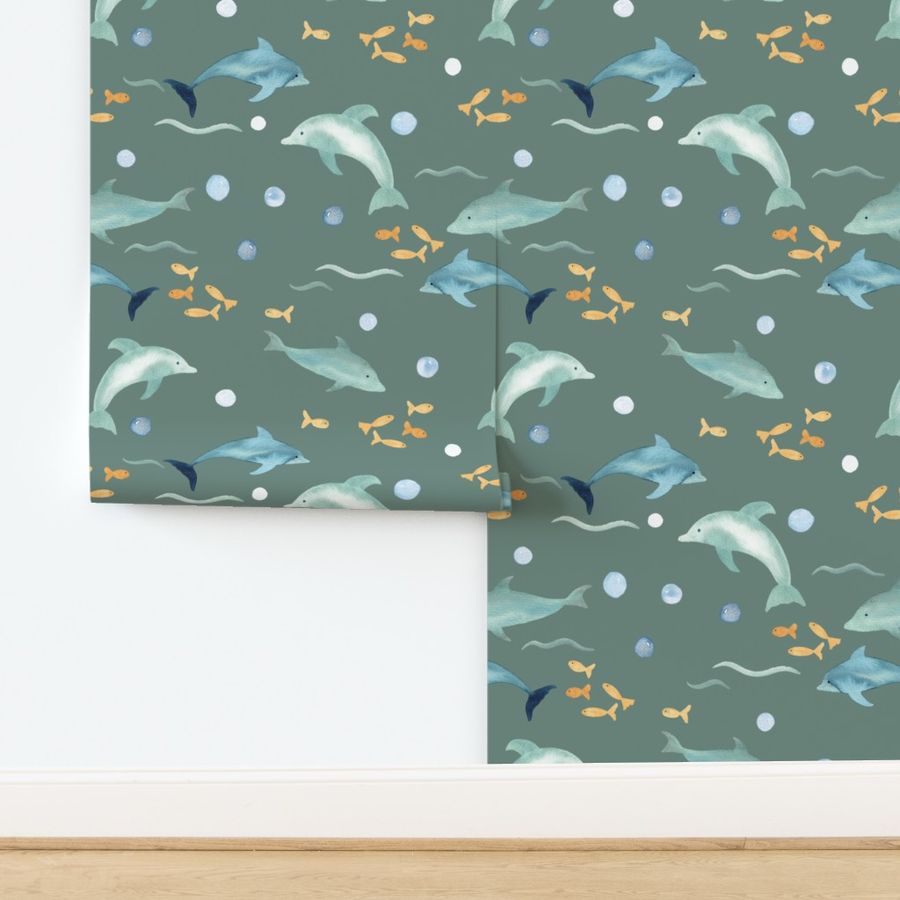 hand painted watercolor dolphins and fish on dark sage green, perfect for kids swimwear and coastal homeware