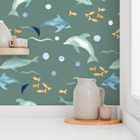 hand painted watercolor dolphins and fish on dark sage green, perfect for kids swimwear and coastal homeware