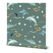 hand painted watercolor dolphins and fish on dark sage green, perfect for kids swimwear and coastal homeware