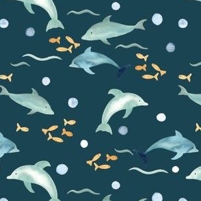 hand painted watercolor dolphins and fish on dark teal blue, perfect for kids swimwear and coastal homeware