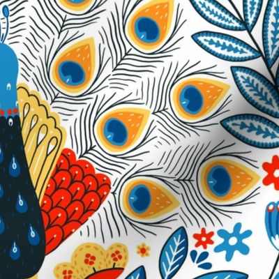 Scandinavian floral Maximalist Folk Art Peacock cobalt blue red