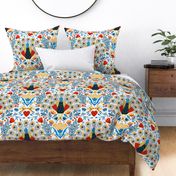 Scandinavian floral Maximalist Folk Art Peacock cobalt blue red