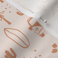 Summer day surf camp happy camper surf boards and palm trees island vibes beige blush orange seventies palette