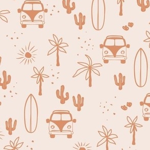 Summer day surf camp happy camper surf boards and palm trees island vibes beige blush orange seventies palette