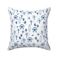 Summer day surf camp happy camper surf boards and palm trees island vibes vintage blue on white