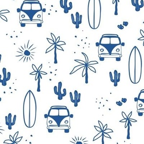 Summer day surf camp happy camper surf boards and palm trees island vibes vintage blue on white