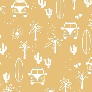 Summer day surf camp happy camper surf boards and palm trees island vibes vintage white sunshine yellow