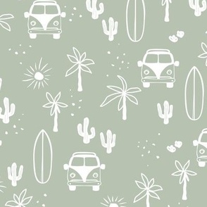 Summer day surf camp happy camper surf boards and palm trees island vibes vintage white on sage green