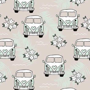 Going on a surf trip boho seventies vintage style van and flowers mint green on beige 