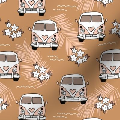 Going on a surf trip boho seventies vintage style van and flowers rust burnt orange blush girls