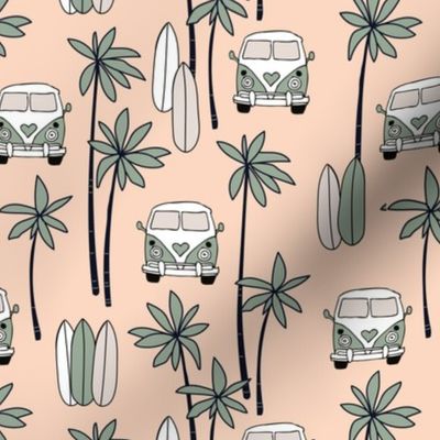 Palm tree island surfing trip summer vacation hippie van and surf boards olive green on cream blush 