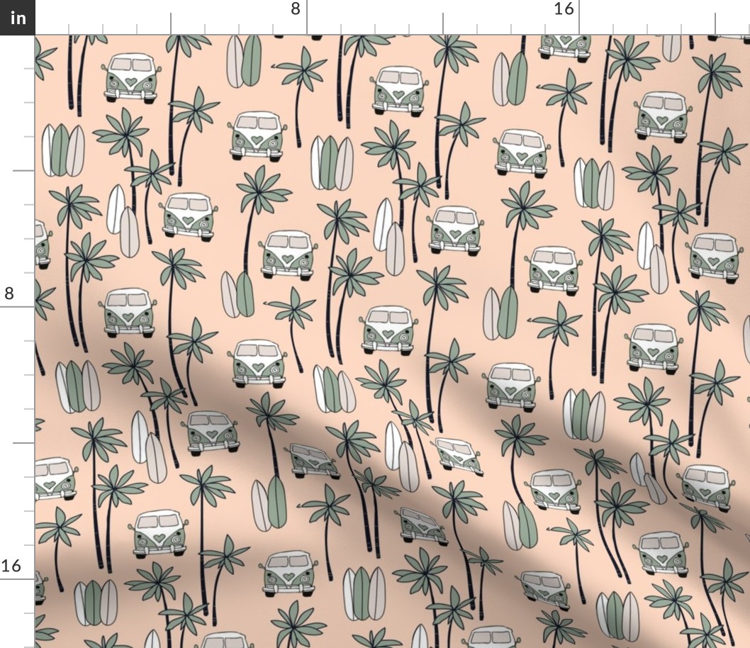 Palm tree island surfing trip summer vacation hippie van and surf boards olive green on cream blush 