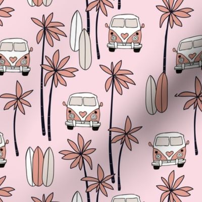 Palm tree island surfing trip summer vacation hippie van and surf boards burnt orange on pink girls 