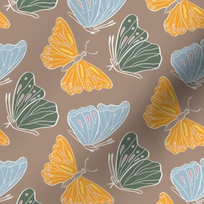 Light blue, orange and dark green butterflies and moths in light brown background  (Small)