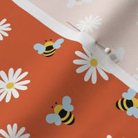 Spring garden daisies and bees sweet blossom summer pollinator theme yellow white on orange tangarine