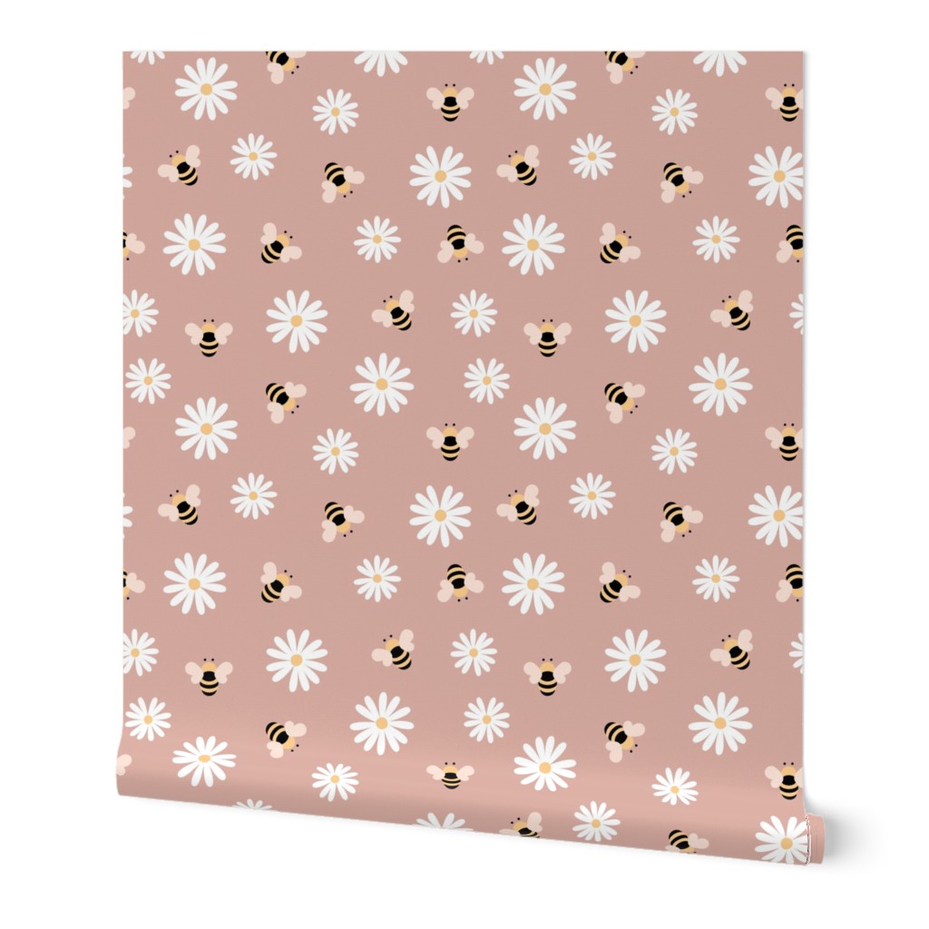 Spring garden daisies and bees sweet blossom summer pollinator theme yellow white on mauve blush
