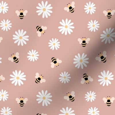 Spring garden daisies and bees sweet blossom summer pollinator theme yellow white on mauve blush