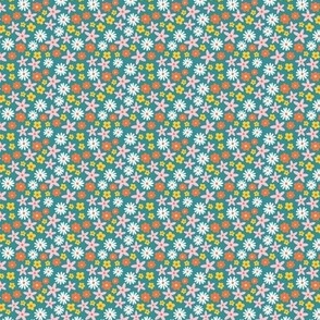 Sweet ditsy boho flowers daisies buttercup hibiscus blossom trendy summer nursery design tiny orange yellow on teal