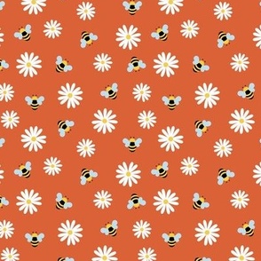 Spring garden daisies and bees sweet blossom summer pollinator theme yellow white on orange tangerine SMALL 
