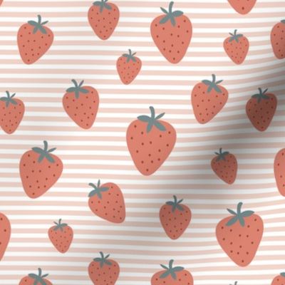 Strawberry field summer garden and horizontal Breton stripes soft blush vintage red