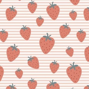 Strawberry field summer garden and horizontal Breton stripes soft blush vintage red
