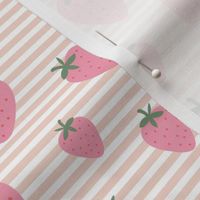 Strawberry field summer garden and horizontal Breton stripes pink green on white beige