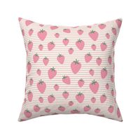 Strawberry field summer garden and horizontal Breton stripes pink green on white beige