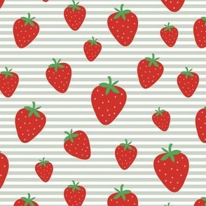 Strawberry field summer garden and horizontal Breton stripes red green on sage white