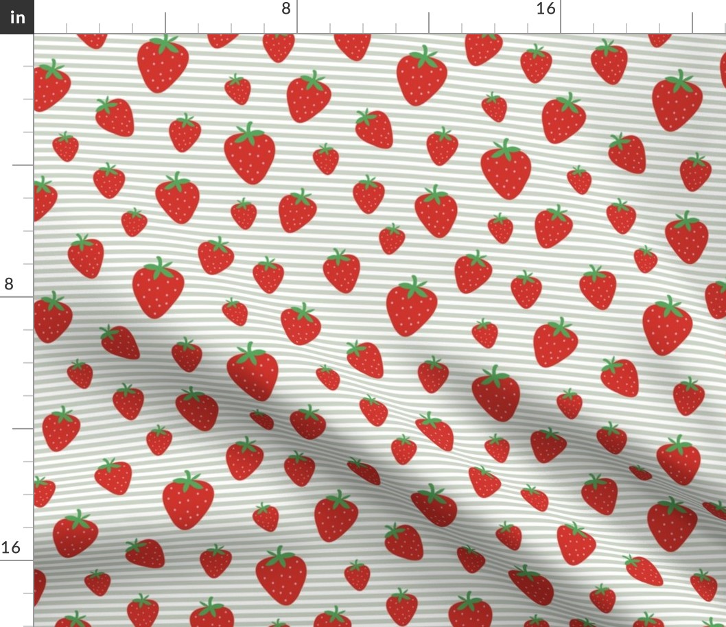 Strawberry field summer garden and horizontal Breton stripes red green on sage white