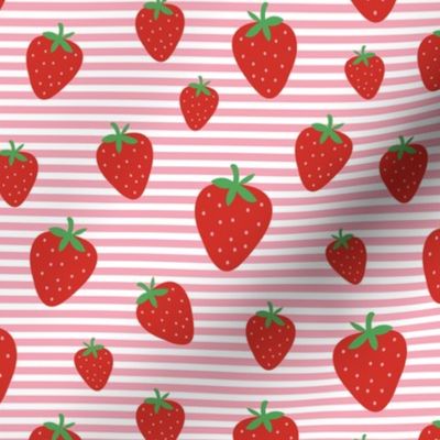 Strawberry field summer garden and horizontal Breton stripes red green on pink white