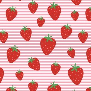 Strawberry field summer garden and horizontal Breton stripes red green on pink white
